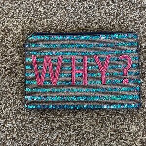 Sequin 'WHY?' Zip Wristlet Clutch in Teal & Pink